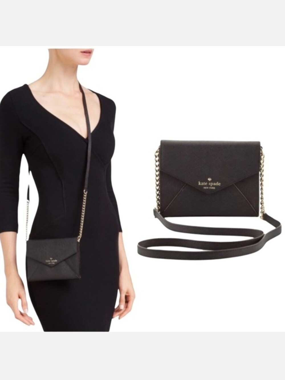 Kate Spade Cedar Street Monday Black Crossbody Bag  Walet On Chain Black Leather